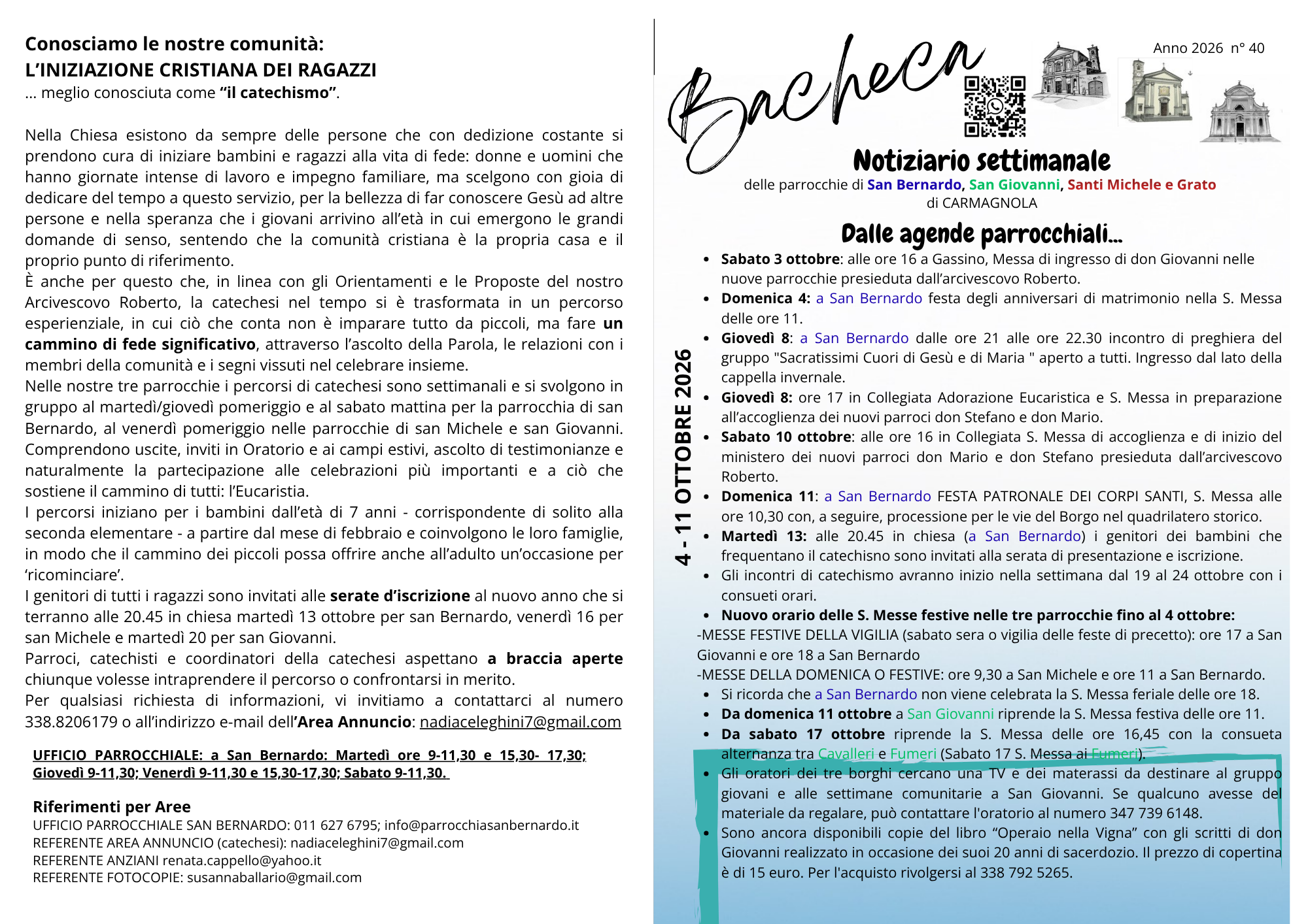 La prima pagina del notiziario settimanale della Parrocchia