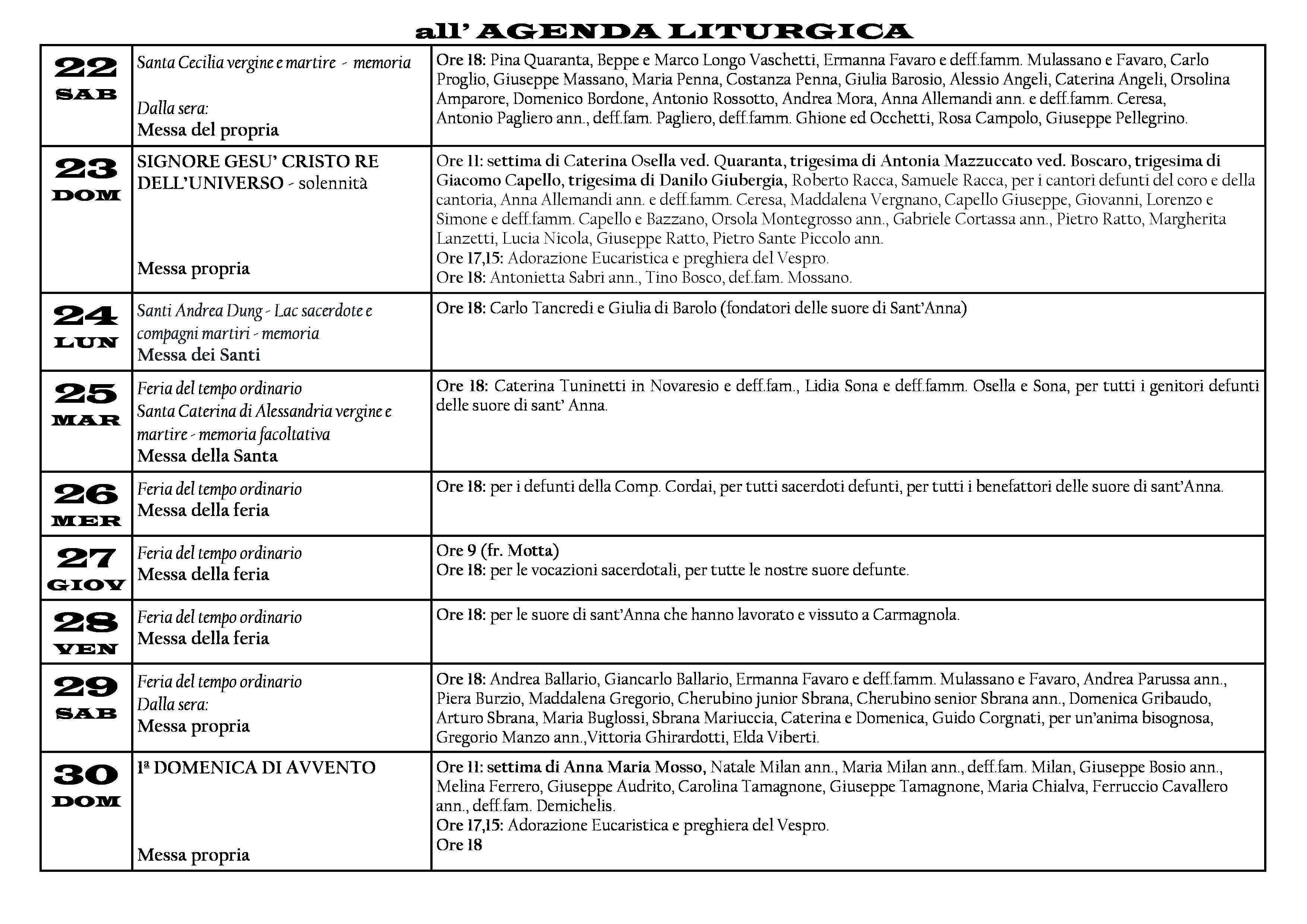 La seconda pagina del notiziario settimanale della Parrocchia