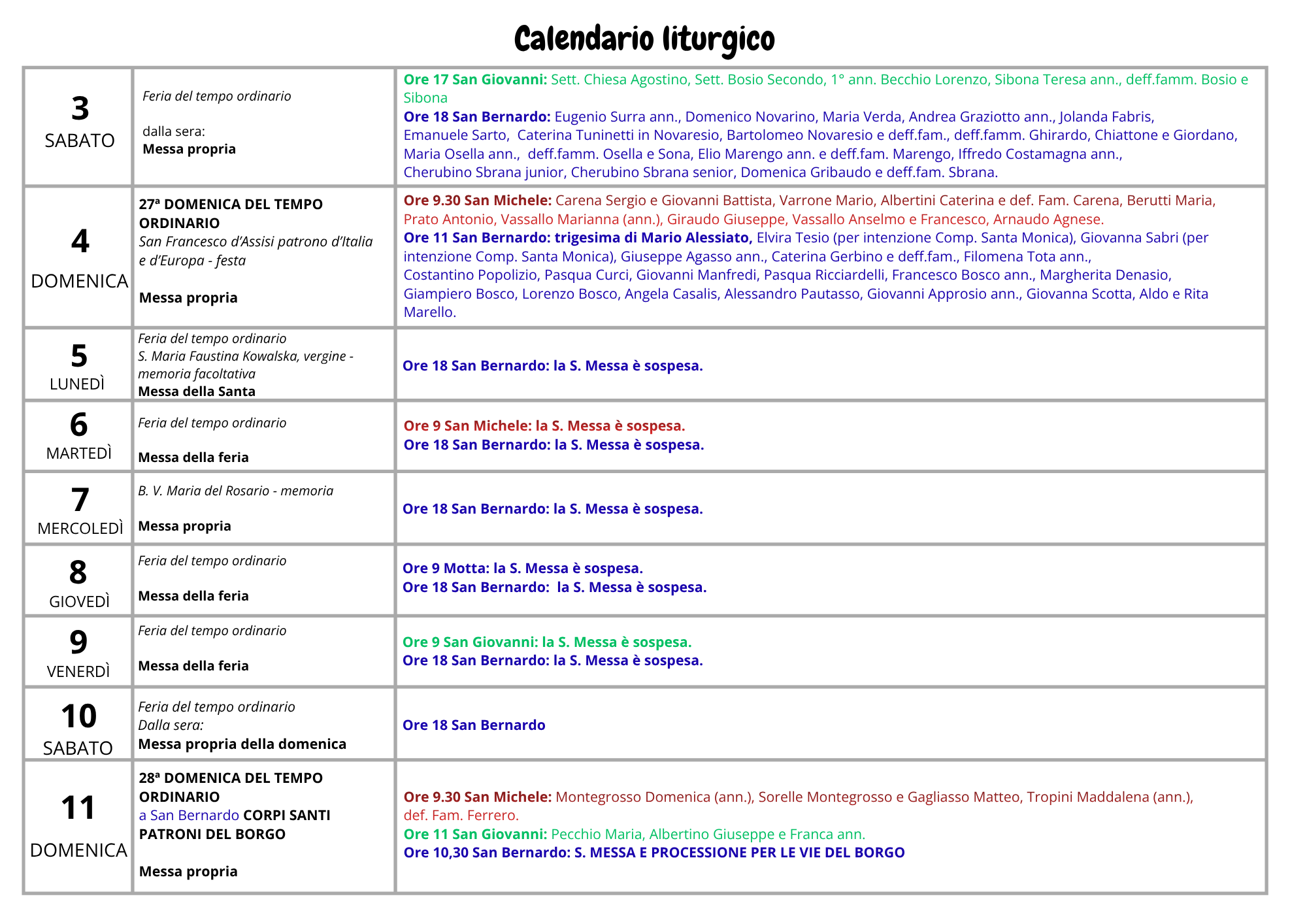 La seconda pagina del notiziario settimanale della Parrocchia